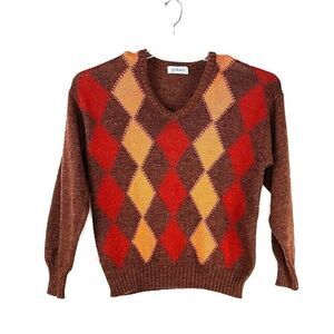 Pokara Men's Pullover Sweater Size Medium V Neck Brown Orange Red Wool Blend